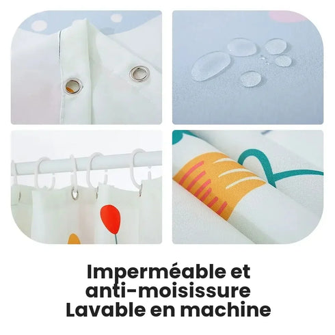 Détails du rideau de douche : œillets métalliques, tissu imperméable et crochets