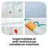Détails du rideau de douche : œillets métalliques, tissu imperméable et crochets