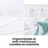 Détails du rideau de douche : œillets, tissu imperméable et crochets