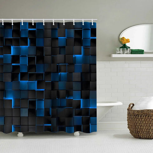 Rideau de douche cubes 3D sombres reflets néon coloris bleu