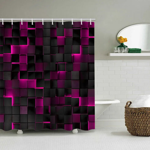 Rideau de douche cubes 3D sombres reflets néon coloris rose fuchsia