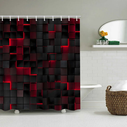 Rideau de douche cubes 3D sombres reflets néon coloris rouge