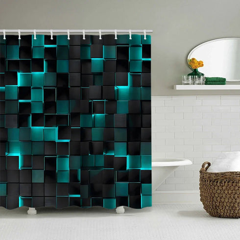 Rideau de douche cubes 3D sombres reflets néon coloris turquoise