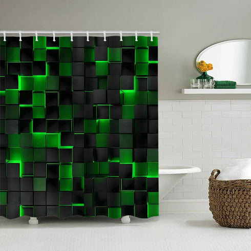 Rideau de douche cubes 3D sombres reflets néon coloris vert