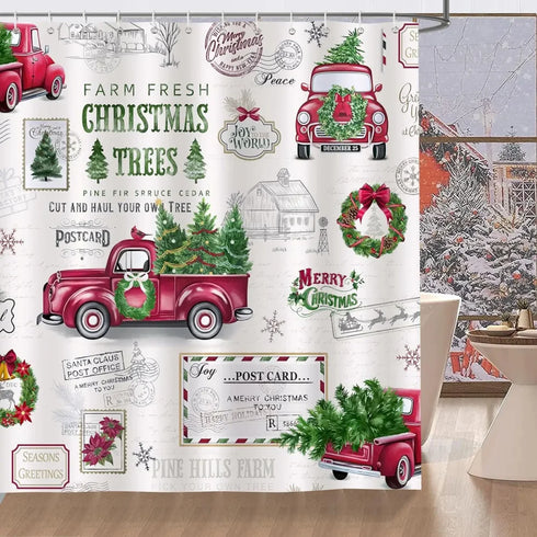 Rideau de douche motif affiches vintage ferme de sapins dans une salle de bain