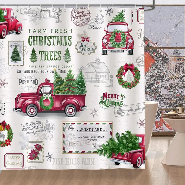Rideau de douche motif affiches vintage ferme de sapins dans une salle de bain