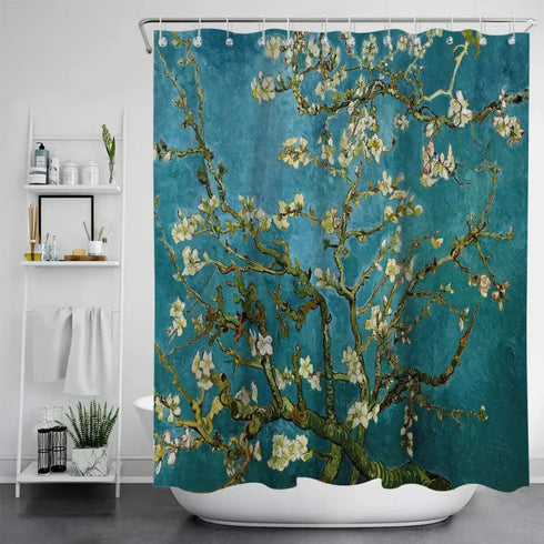 Rideau de douche motif Amandier en fleurs de Van Gogh dans une salle de bain