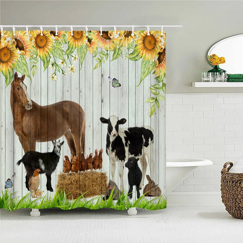 Rideau de douche motif animaux de la ferme et tournesols dans une salle de bain