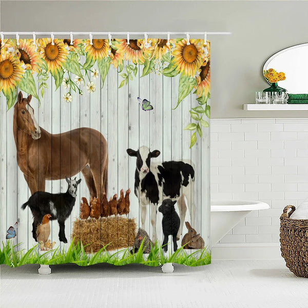 Rideau de douche motif animaux de la ferme et tournesols dans une salle de bain