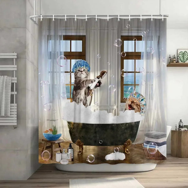 Rideau de douche motif animaux rigolos dans une baignoire rétro dans une salle de bain