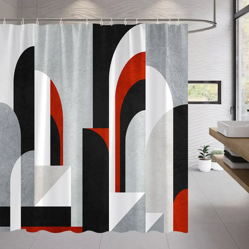 Rideau de douche motif arches graphiques noir, blanc et rouge dans une salle de bain