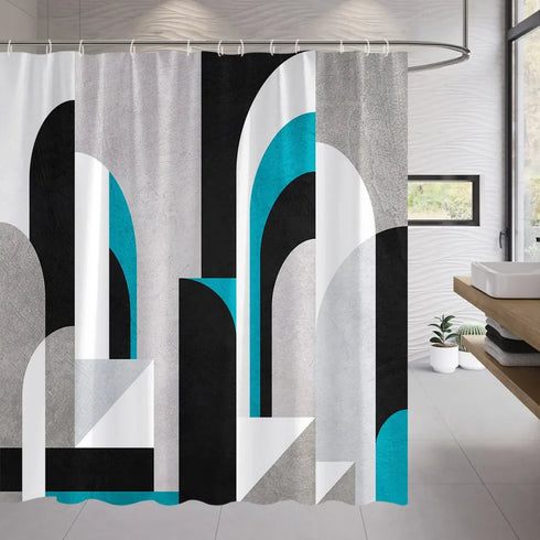 Rideau de douche motif arches graphiques noir et turquoise dans une salle de bain
