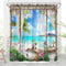 Rideau de douche motif balcon fleuri face au lagon dans une salle de bain