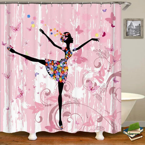 Rideau de douche motif ballerine en robe fleurie dans une salle de bain