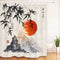 Rideau de douche motif bambou, calligraphie et soleil couchant dans une salle de bain