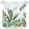 Rideau de douche motif bananier et fleurs oiseaux de paradis dans une salle de bain
