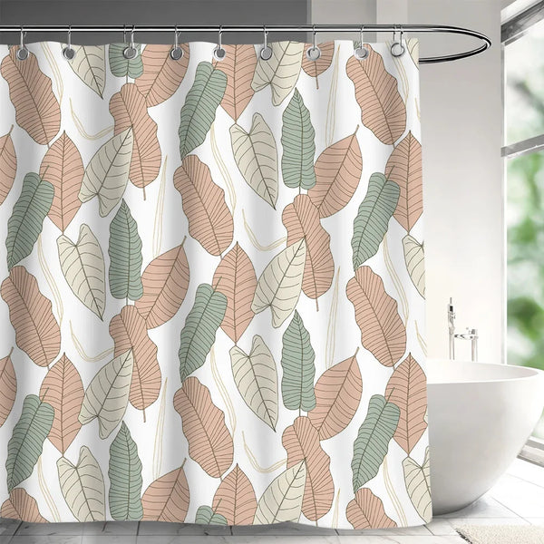 Rideau de douche motif feuilles bohème pastel rose et vert dans une salle de bain