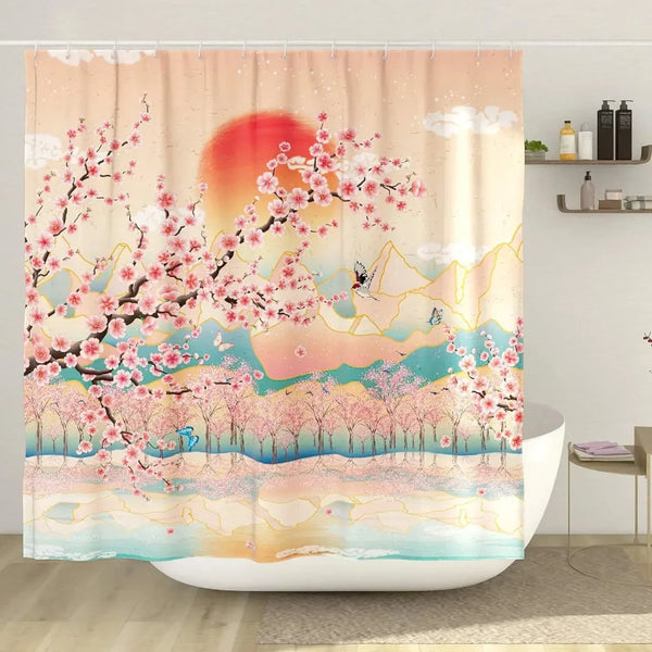 Rideau de douche motif coucher de soleil pêche et cerisiers dans une salle de bain