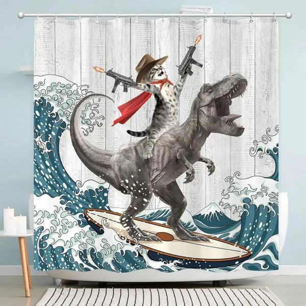 Rideau de douche motif dinosaure surfeur et chat cowboy dans une salle de bain