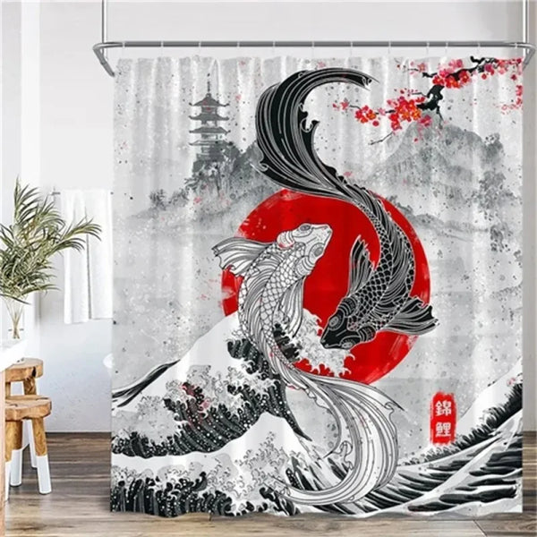 Rideau de douche motif dragons yin yang et pagode dans une salle de bain