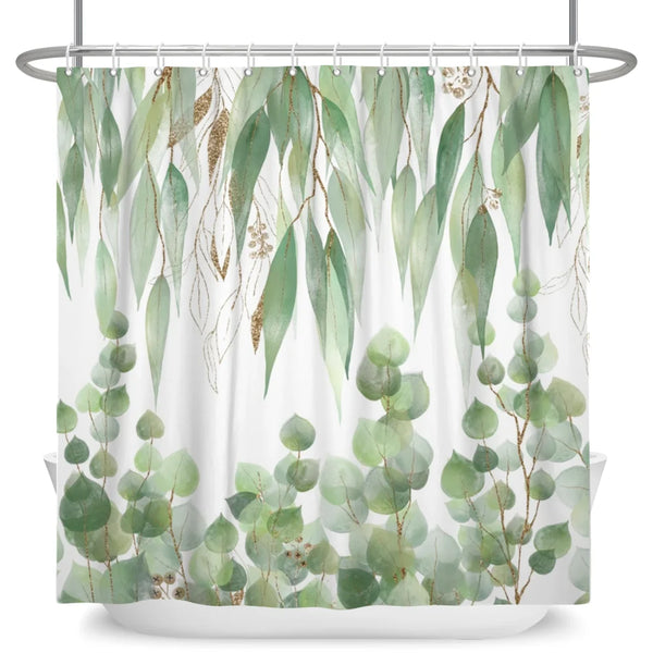 Rideau de douche motif branches d eucalyptus retombantes dans une salle de bain