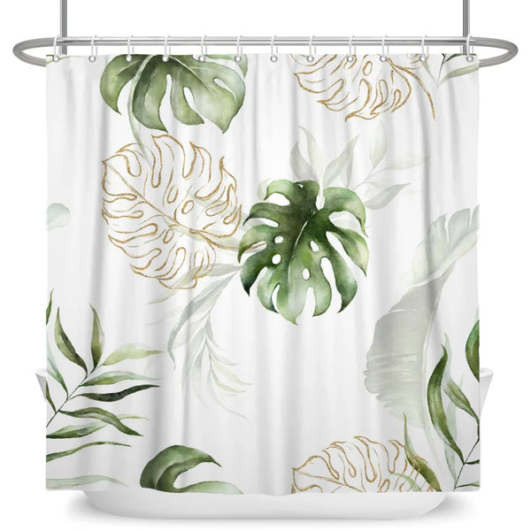 Rideau de douche motif feuilles de monstera vertes et dorées dans une salle de bain