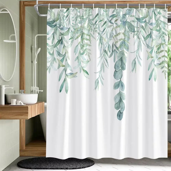 Rideau de douche motif feuilles de saule vert pastel dans une salle de bain