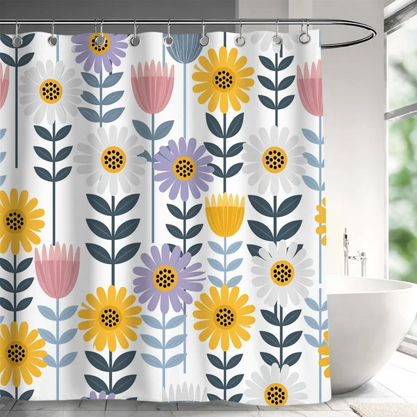 Rideau de douche motif fleurs graphiques rétro années 70 dans une salle de bain