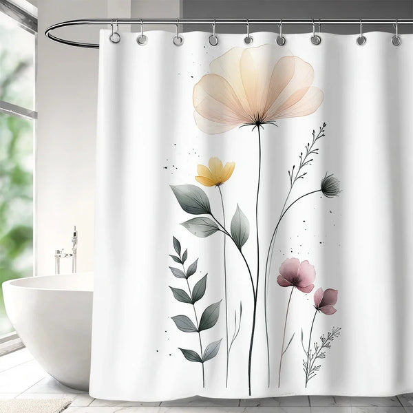 Rideau de douche motif fleurs pastel minimalistes dans une salle de bain
