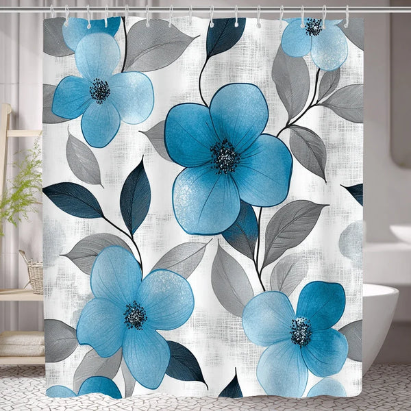 Rideau de douche motif fleurs turquoise sur feuilles grises dans une salle de bain