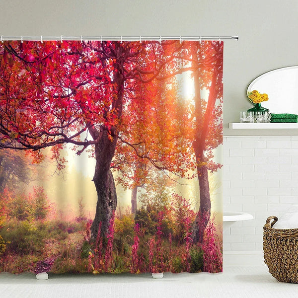 Rideau de douche motif forêt d automne rouge flamboyant dans une salle de bain