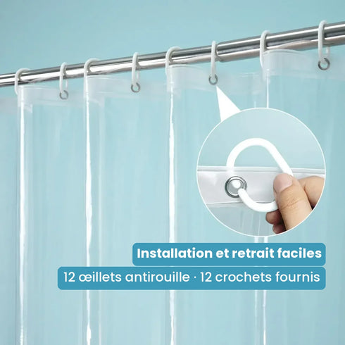 Installation facile : 12 œillets antirouille et 12 crochets fournis avec le rideau de douche