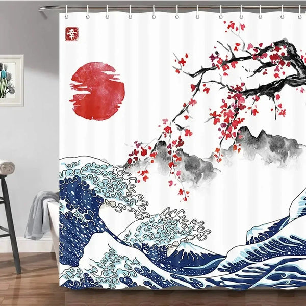 Rideau de douche motif grande vague japonaise et soleil levant rouge dans une salle de bain
