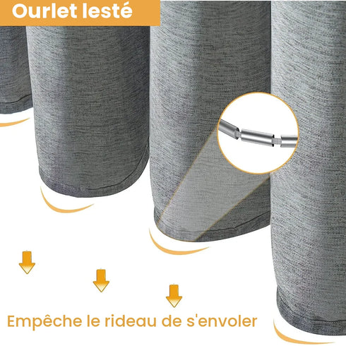 Ourlet lesté du rideau de douche gris qui l'empêche de s'envoler
