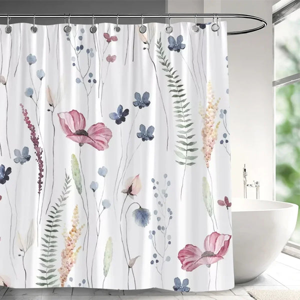 Rideau de douche motif herbier de fleurs séchées rose et bleu dans une salle de bain