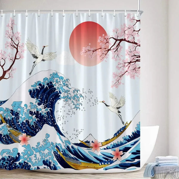 Rideau de douche motif houle bleue, grues blanches et soleil corail dans une salle de bain