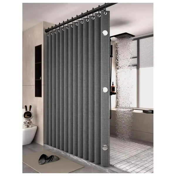 Rideau de douche italienne aimanté façon lin gris fermant une douche ouverte