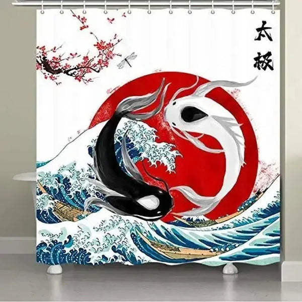 Rideau de douche motif carpes koï yin yang sur soleil rouge dans une salle de bain