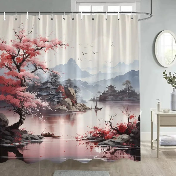 Rideau de douche motif lac japonais et cerisier en fleurs dans une salle de bain