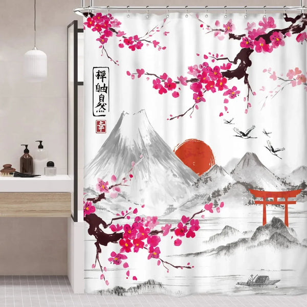 Rideau de douche motif mont Fuji, torii et sakura roses dans une salle de bain