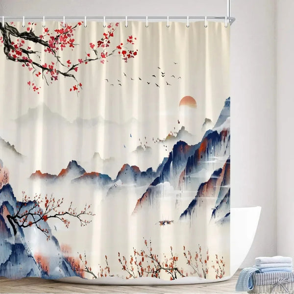 Rideau de douche motif montagnes bleues brumeuses et prunier dans une salle de bain