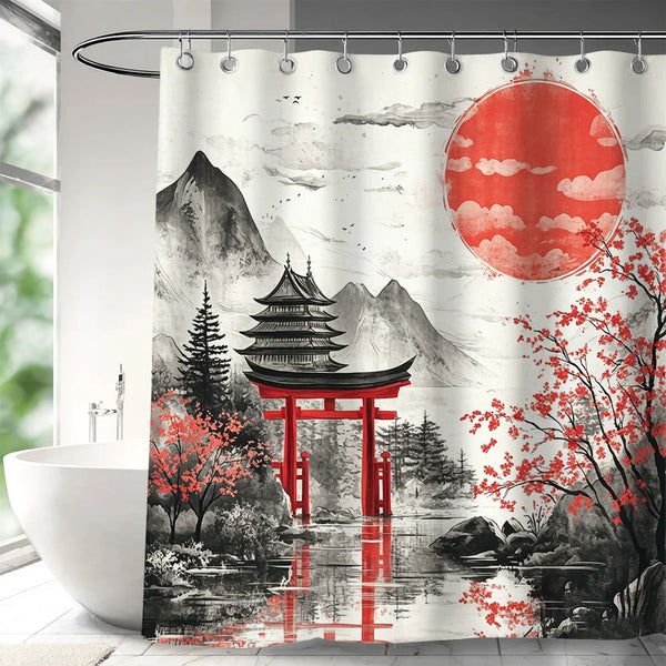 Rideau de douche motif pagode et son reflet sur l étang dans une salle de bain