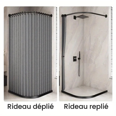 Rideau de douche pliable déplié puis replié contre le mur