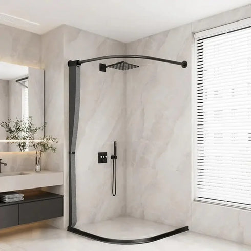 Rideau de douche pliable gris dans une salle de bain moderne
