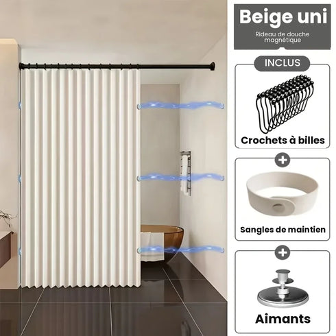 Rideau de douche magnétique beige uni avec crochets à billes, sangles et aimants