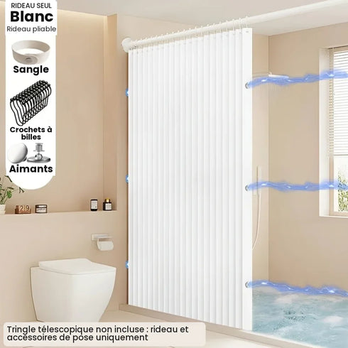 Rideau de douche pliable blanc avec sangle, crochets à billes et aimants inclus