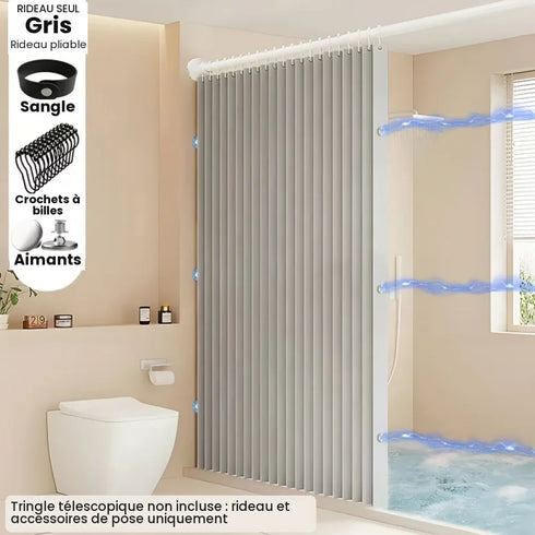 Rideau de douche pliable gris clair avec sangle, crochets à billes et aimants inclus