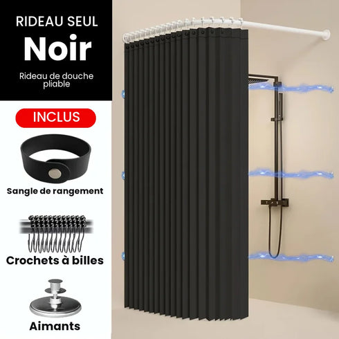 Rideau de douche pliable noir avec sangle de rangement, crochets à billes et aimants