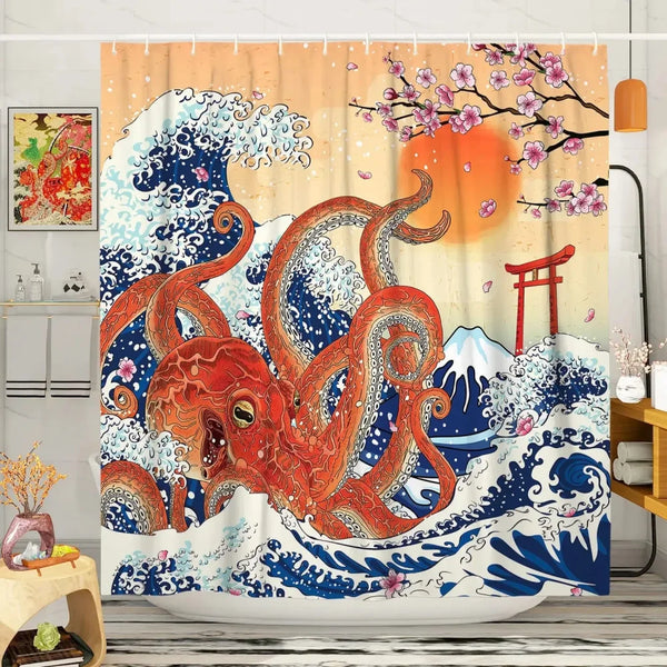 Rideau de douche motif poulpe géant et portique japonais dans une salle de bain