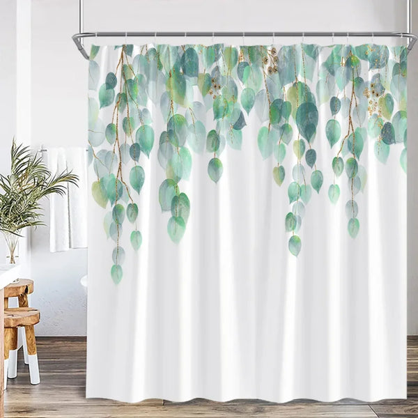 Rideau de douche motif rameaux d eucalyptus vert menthe dans une salle de bain